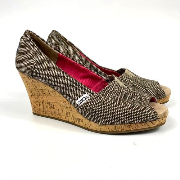 Women's Toms Stella Peep Toe Cork Wedge Shoes Tweed Black & Natural Size 8 - Picture 9 of 9